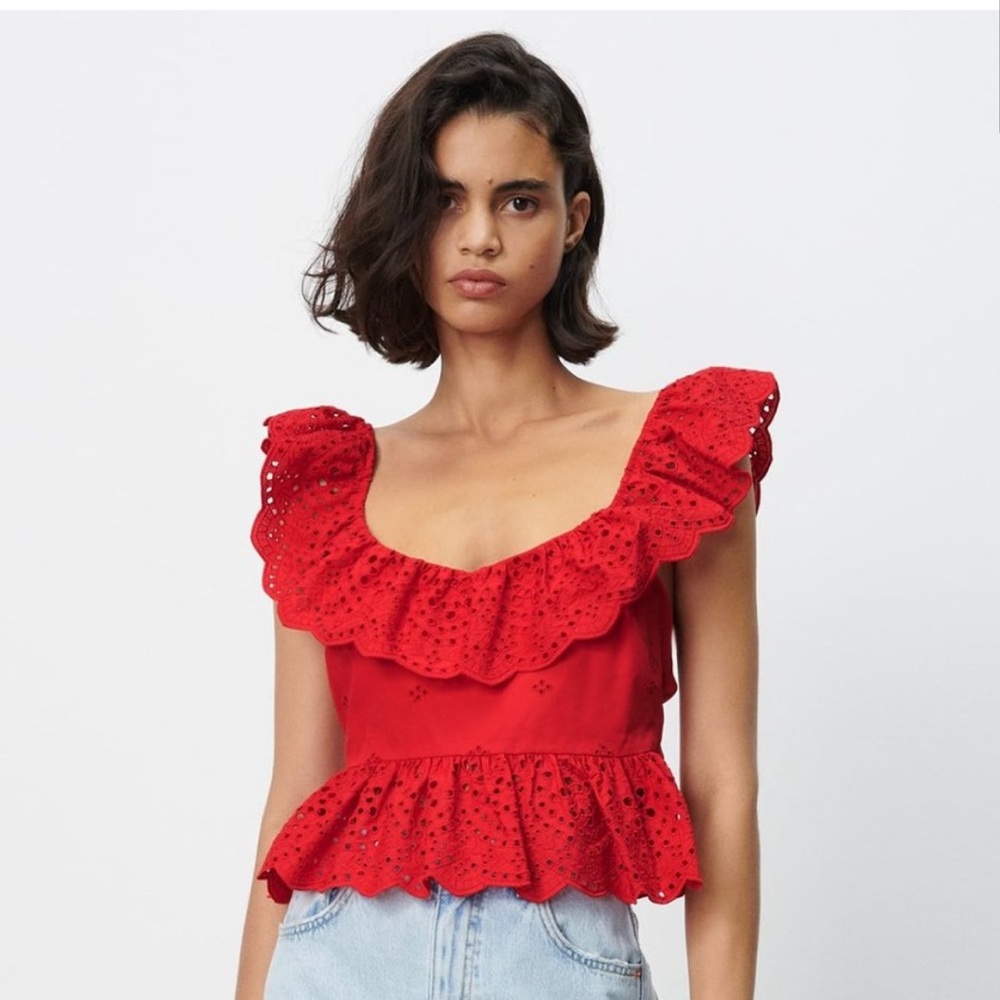 NWT ZARA Red Eyelet Backless Top Sz M